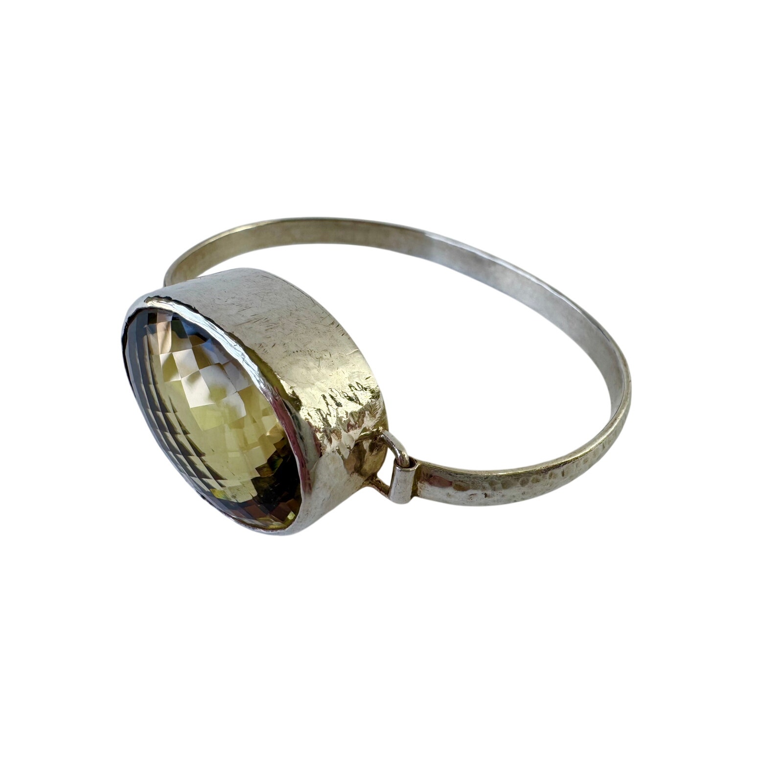 Lemon Citrine Hammered Bangle Handmade Sterling Silver Latch Bracelet Size 6.75"